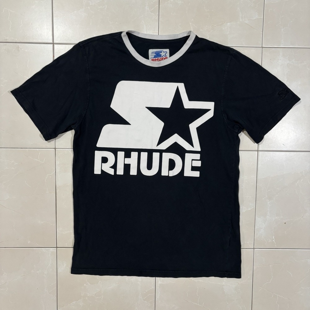 Rhude T Shirt Men's S (fits M/L) Starter Logo Ringer Neck Black Designer Street